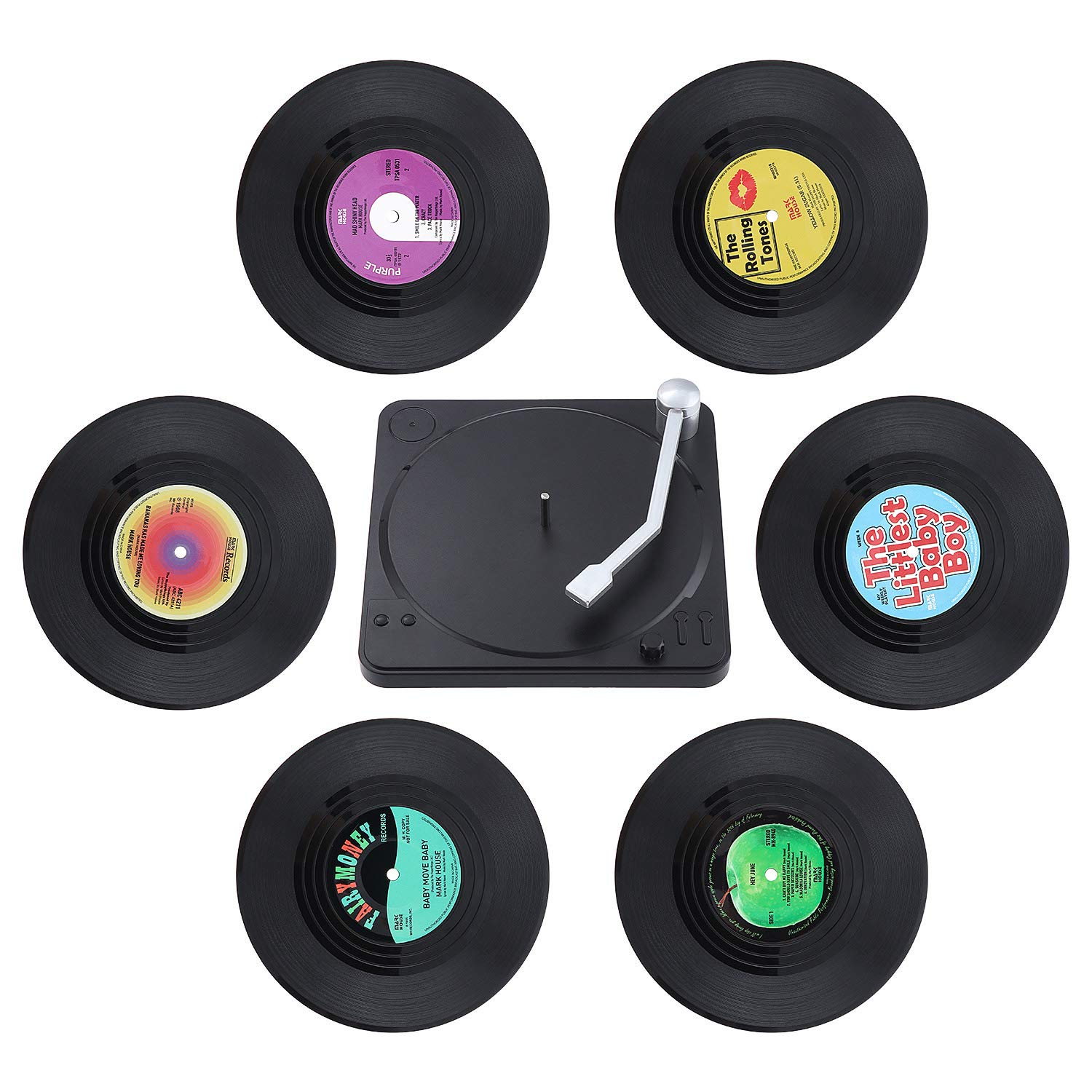 Coolty 6pcs Retro CD Record Vinyl Coasters, Non-Slip Drink Coasters, Insulated Cup Mat for Tea Coffee Drink Tableware with Holder