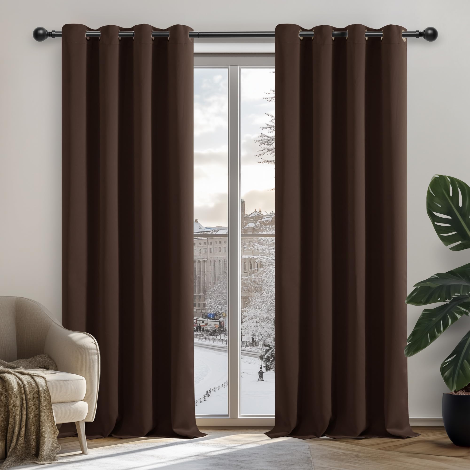 Deconovo Thermal Insulated Blackout Curtains for Boys Bedroom, Modern Design with Eyelets, 107 x 160 cm (Width x Height), Brown, 2 Pieces