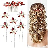 Dizila 7 Pieces Decorative Red Party Prom Wedding Bridal Rhinestone Hair Side Comb+U-shaped Hair Pins Accessories for Women Girls Brides Bridesmaids