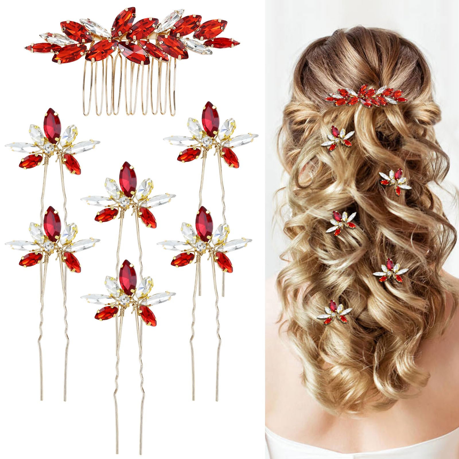 Dizila 7 Pieces Decorative Red Party Prom Wedding Bridal Rhinestone Hair Side Comb+U-shaped Hair Pins Accessories for Women Girls Brides Bridesmaids