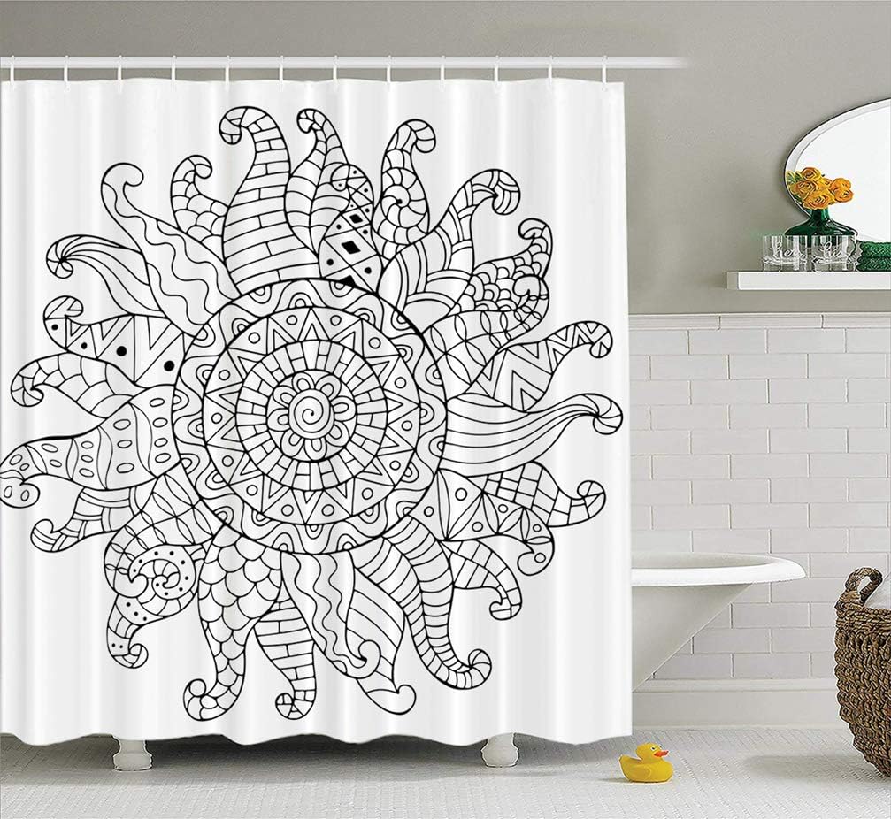 KJONG Mandala Bathroom Shower Curtains 72X78 Inches Sun Stress Coloring Book Trace Sketch Monochrome Variant Waterproof Fabric Bathroom Curtain Set of Hooks