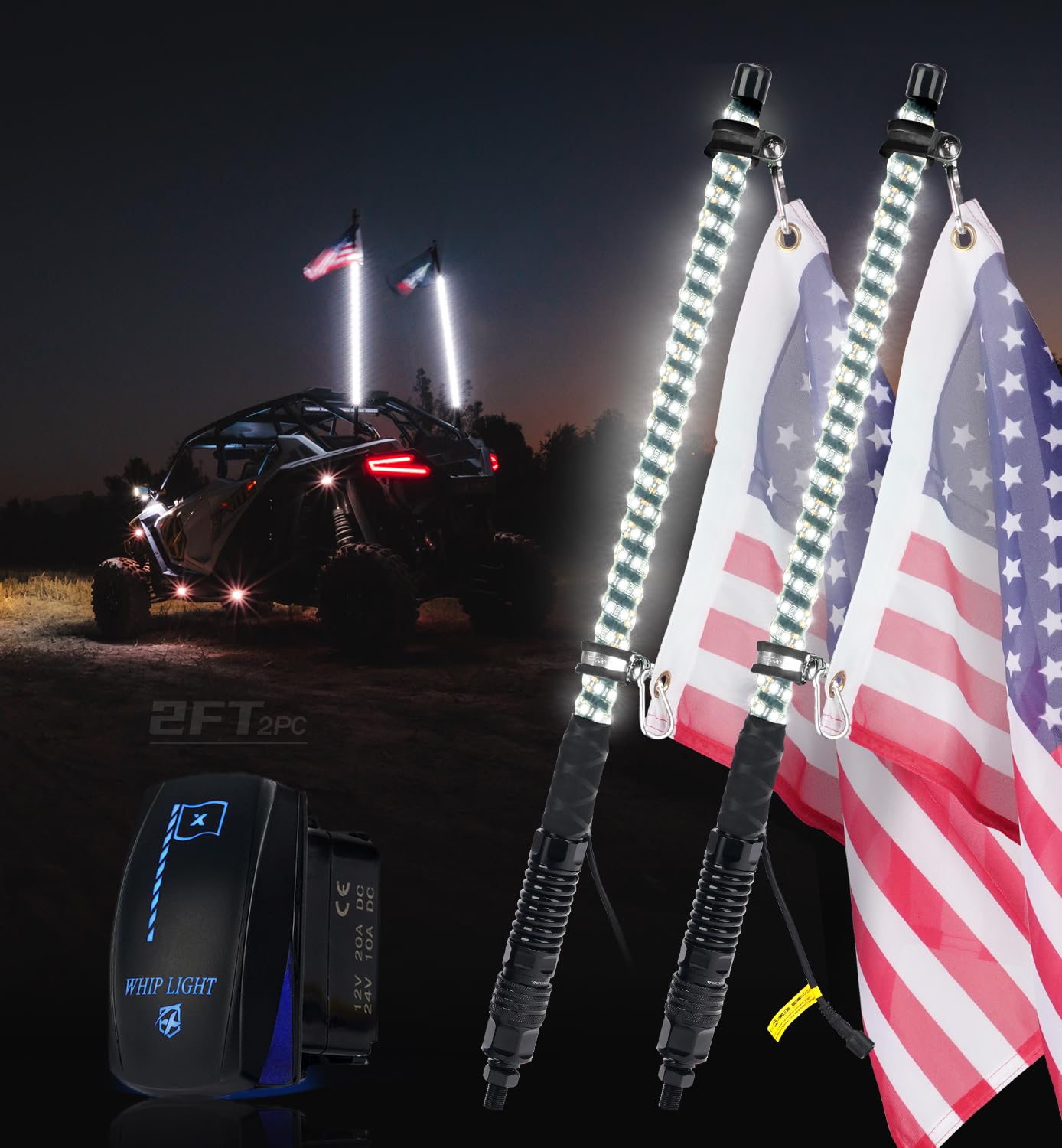 Xprite 2PC 2FT White Spiral LED Whip Lights with Built-in Spring Base, Safety Lighted Antenna Whip Pole w/Rocker Switch American Flag, Compatible with SXS ATV UTV Polaris RZR Can-am Trucks Jeep
