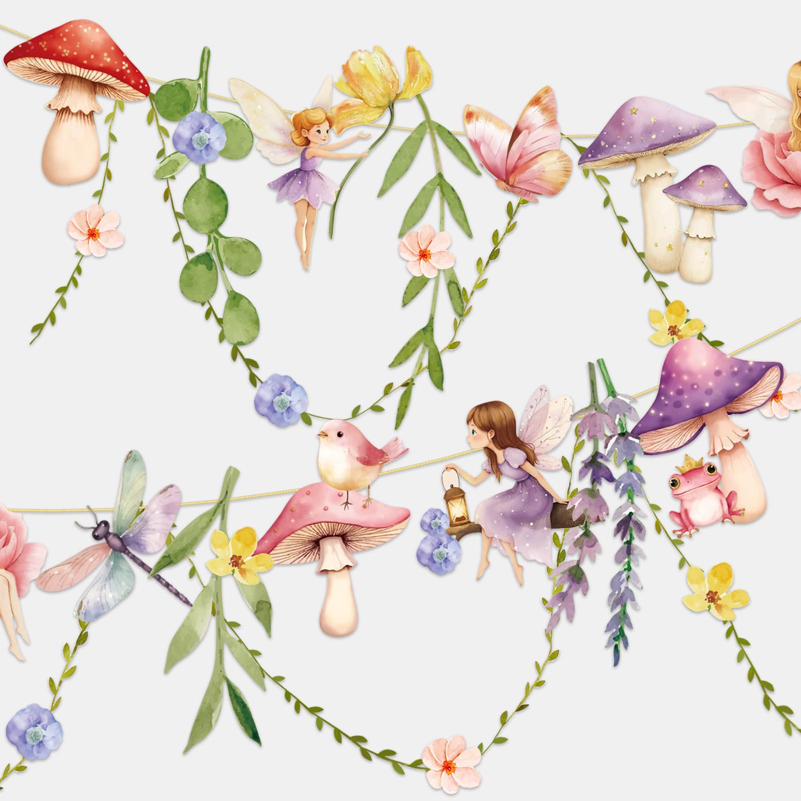 Photo 1 of Fairy Mushroom Banner Wildflower Party Decorations Paper Flower Leaves Banner Fairy Garland for Wall Decoration Spring Baby Shower Wedding Backdrop Decorations