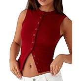 Adoeren Women Button Up Tank Vest Trendy Casual Slim Fit Sleeveless Ribbed Shirt Y2k Going Out Crewneck Tank Tops Summer