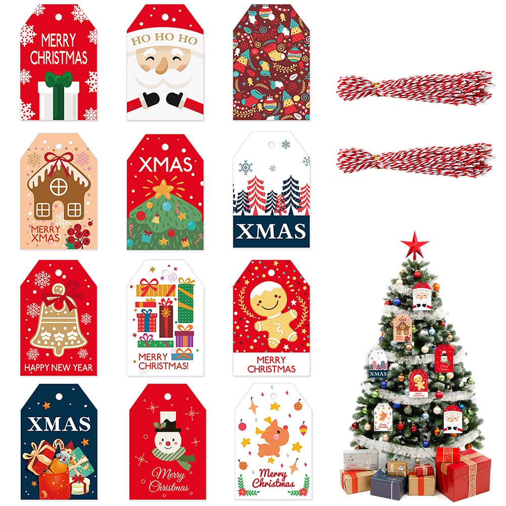 Christmas Cartoon Colorful Labels,96PCS Gift Tags for Presents,Hanging Price Name Paper Tags with 100 PCS 20cm Red & White Cotton String for Xmas Wrapping Paper Cards Decoration DIY Arts Crafts