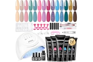JEWHITENY Poly Gel Nail Kit 14 Colors - Yellow Nude Pink Blue Purple Glitter Tones Starter Kit with UV Lamp Base & Top Coat All-in-One Gift for Women Need U V Light Curing