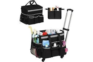 OUDUCK Rolling Cleaning Caddy, Cleaning Supplies Organizer with Cleaning Caddy Apron, Large Cleaning Caddy Bag with Detachable Trolley, Handles and Shoulder Strap for Cleaners Housekeepers, Black