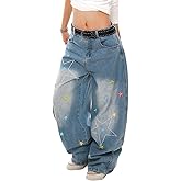 Fullneat Women’s Baggy Jeans High Waist Wide Leg Barrel Pants with Star Embroidery Loose Fit Streetwear Denim Trousers