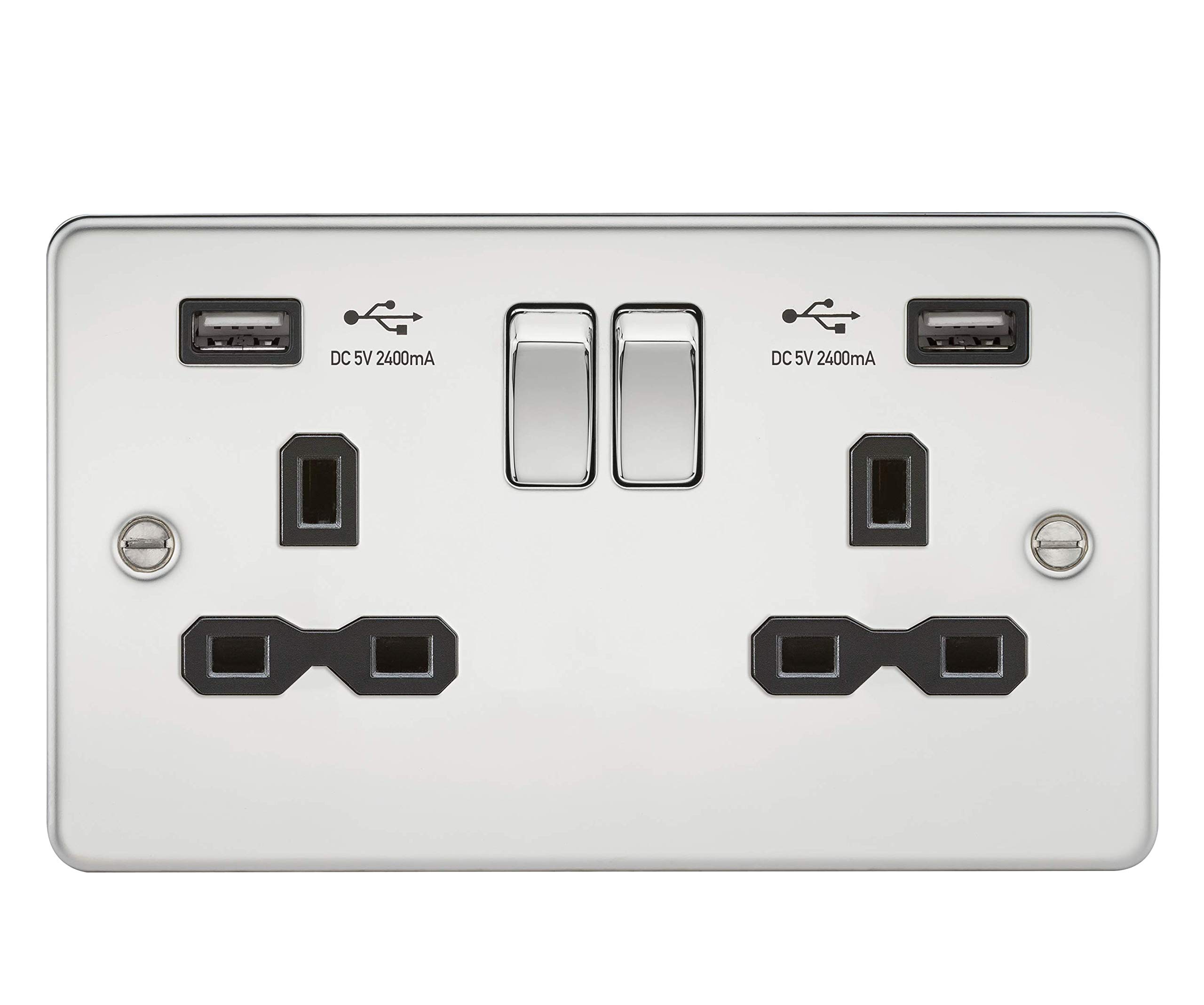 13A 2G Switched Socket with Dual USB Charger A + A (2.4A) - Polished Chrome with Black Insert