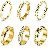 LOFITOR Fidget Rings for Anxiety 6pcs Stainless Steel Spinner Ring Anti Anxiety Ring Spinning Moon Star Cool Stress Relieveing CZ Rings for Women Men Band Rings Set