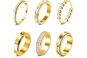 LOFITOR Fidget Rings for Anxiety 6pcs Stainless Steel Spinner Ring Anti Anxiety Ring Spinning Moon Star Cool Stress Relieveing CZ Rings for Women Men Band Rings Set