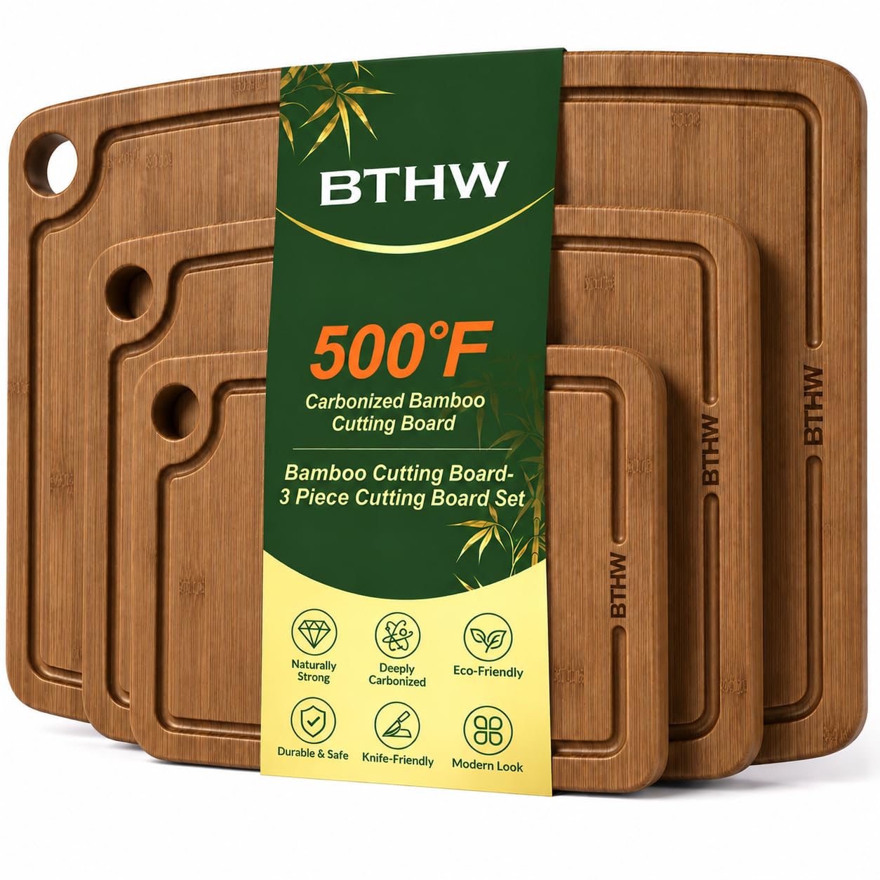 Bamboo Cutting Board 3-Piece,Wood Cutting Board Set for Kitchen | Cutting Boards with Juice Grooves,Deep-Carbonized Bamboo Se