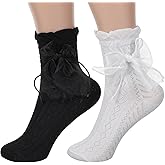 Nogeqi 2 Pairs Ruffle Socks with Bow, Cute Princess Lolita Frilly Socks for Women Girls, Breathable Cotton Lace Ankle Sock for Women(Black, White)