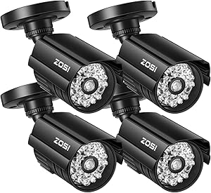ZOSI 4 Pack Fake Security Camera Bullet with Red Light,Dummy Surveillance Camera Outdoor Indoor Use,Wireless Simulate Cameras for Home Security