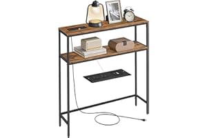 VASAGLE Console Table with Power Outlet, 2-Tier Narrow Sofa Table with 2 Shelves, 7.9 x 31.5 x 31.5 Inches, for Living Room, Hallway, Entryway, Rustic Brown and Ink Black ULNT135K01