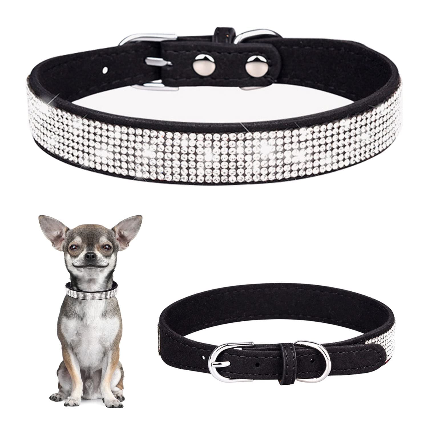 TSKDKIT Puppy Collar for Small Dog and Cat, Cute Rhinestone, Soft Leather, Black, XS