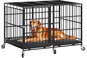 Snuowu 48 Inch Heavy Duty Dog Crate with Wheels，Indestructible Escape-Proof Dog Cage for Large Dogs, Extra Large XL XXL Indestructible Dog Crate with Removable Tray.