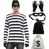 Adult Unisex Robber Costume Set Black and White Striped T-Shirt Thief Accessories for Halloween Cosplay Costume
