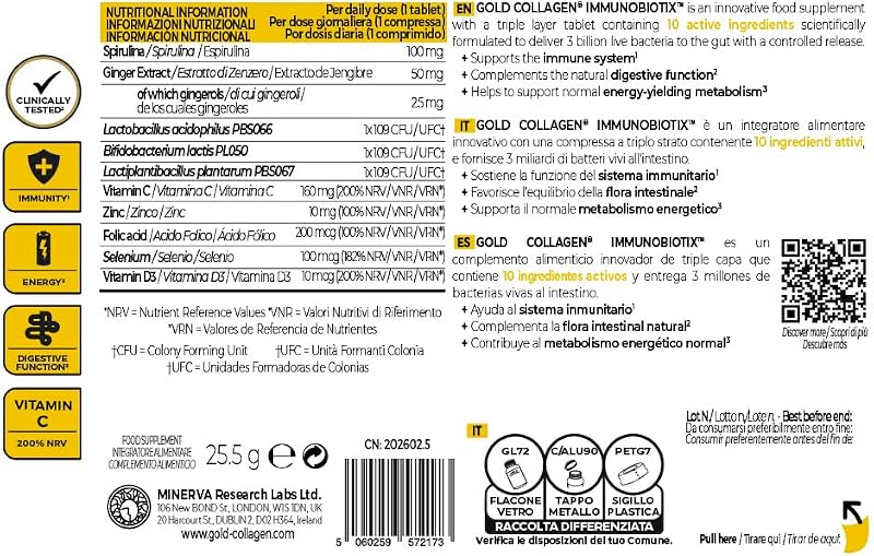 Immunobiotix - Suplemento Sistema Inmunitario, Energia y Digestión con Vitamina C y D Zinc Acido Fólico y Spirulina, Suplementos de Vitaminas para el Cansancio e Intestino 30 Comprimidos