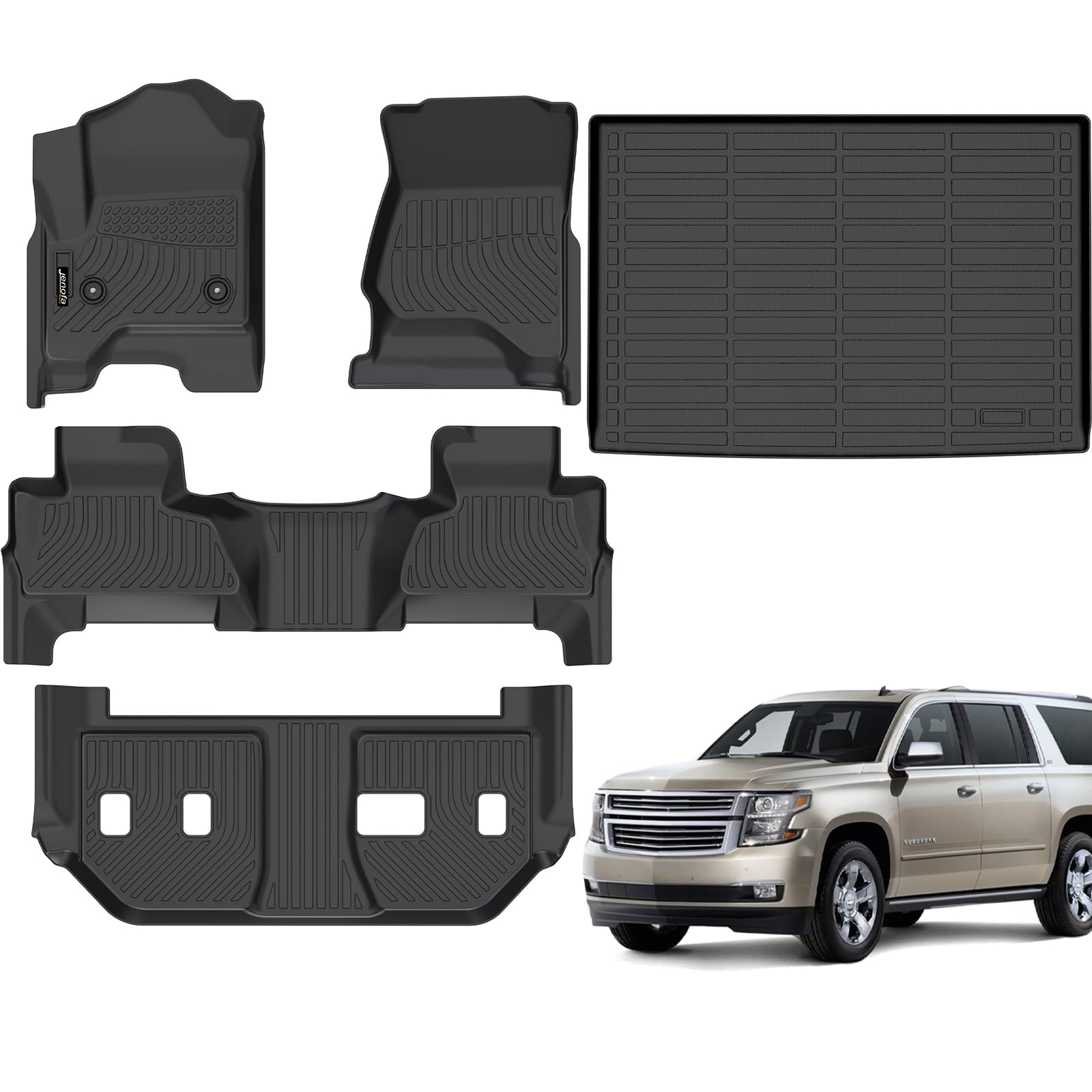 Jenofa-Floor Mats for Chevy Suburban/GMC Yukon XL 2015-2020 (with 2nd Row Bench Seat) Cargo Mat All Weather Mats Custom Full Set Floor Liners for Suburban/Yukon XL Accessories Black Image