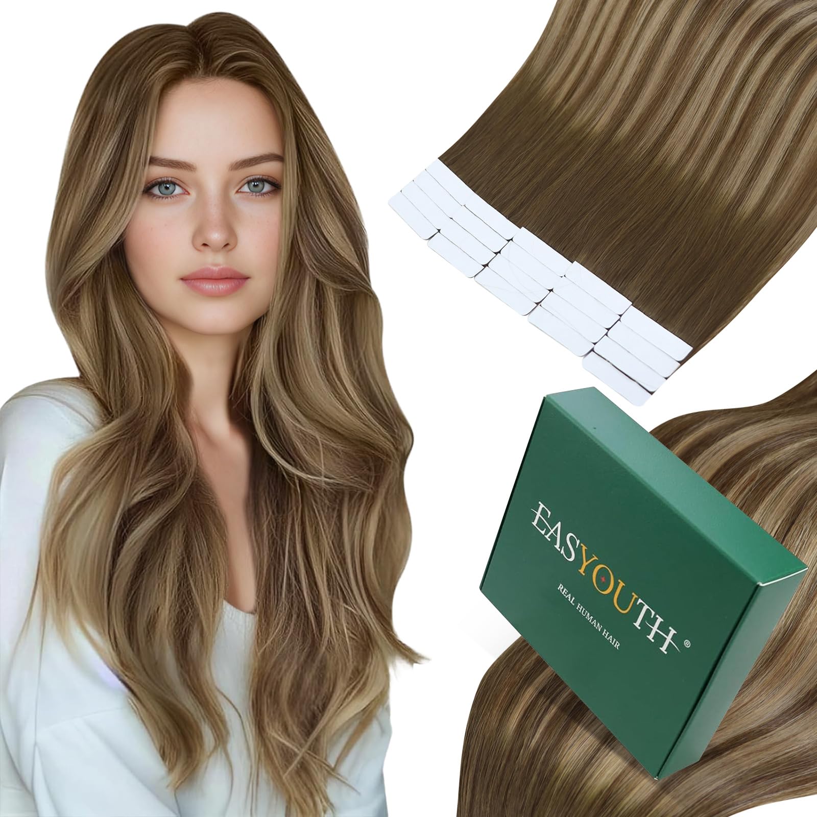 Easyouth Tape in Hair Extensions Real Human Hair Brown Balayage Human Hair Extensions Tape in Medium Brown to Honey Blonde with Brown Tape in Hair Extensions for Women 16 Inch 40g 20Pcs #4/27/4