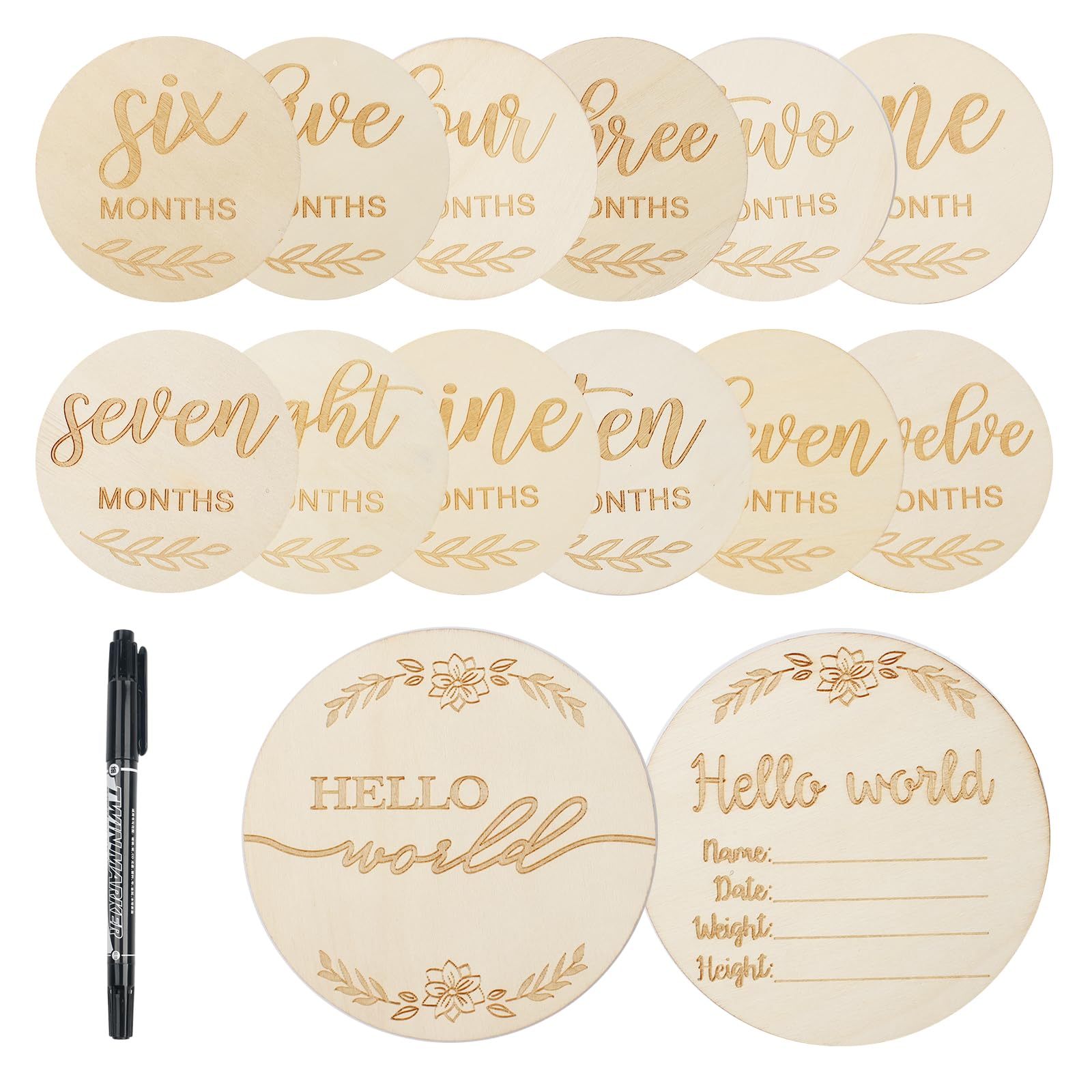 15Pcs Wooden Birth Announcement Set, Baby Monthly Milestone Cards Plaque, Round New Parents Photo Prop Baby Sign, Baby Announcement Sign with Black Pen for Baby Shower Nursery
