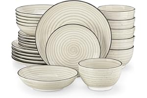 vancasso 24 Pieces Dinnerware Sets Bonbon Beige Dish Set for 6, Plates and Bowls Sets, Double-Sided Handpainted Spirals Patte