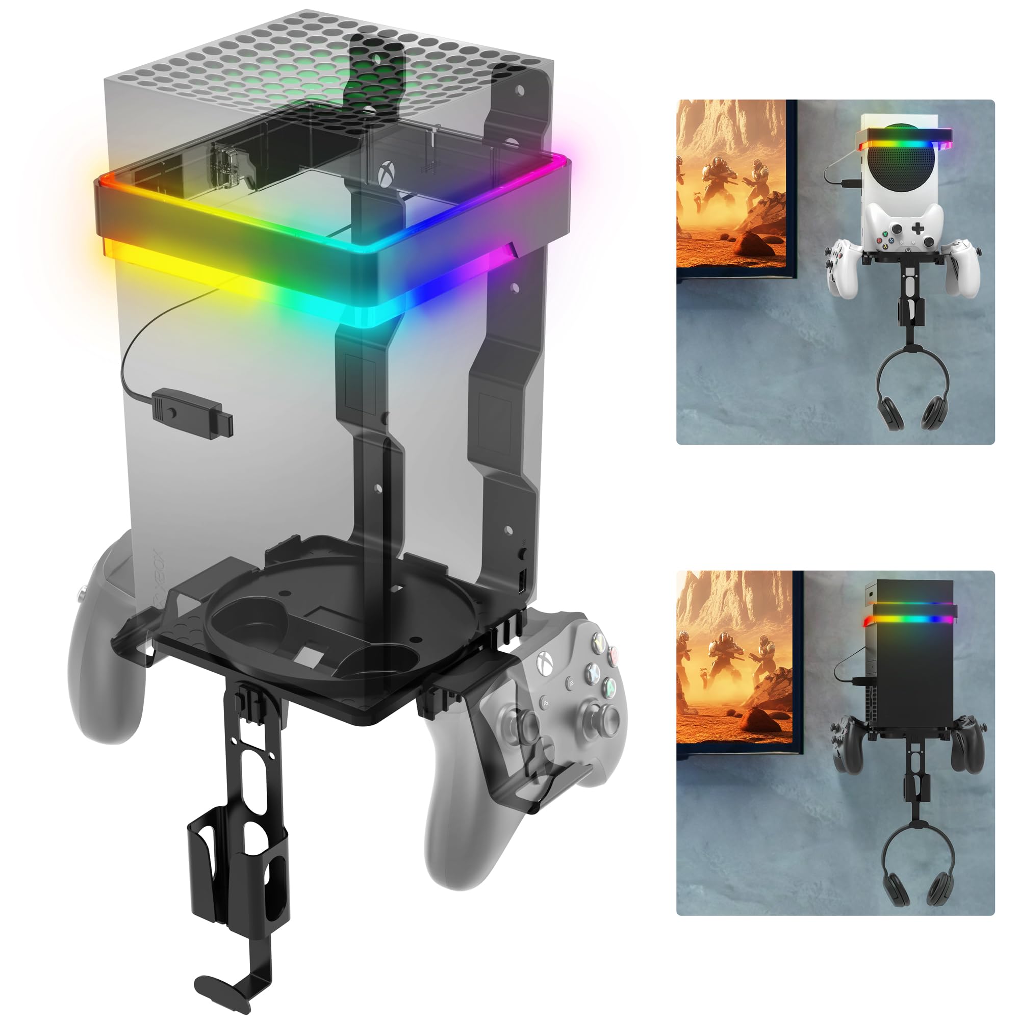 Fosmon Wall Mount for Xbox Series X/S with RGB Light, Detachable Dual Controller Holder and Headphone Hanger, Mounted Shelf Kit Stand for Series X | S Console Accessories