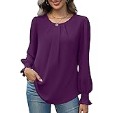 Funlingo Womens Tops Dressy Casual Smocked Long Sleeve Shirts Crew Neck Loose Chiffon Tunics Office Work Blouses