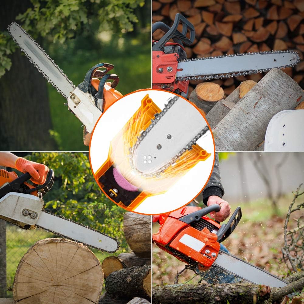 AULASISY Chainsaw Sharpener Universal Chain Saw Blade Teeth Sharpener Fast Sharpening Stone Grinder Tools Bar Mounted with Total 5 Whetston, Fit 14 16 18 20 Inches Two Holes Chain Saw Bar (Yellow): Garden & Outdoor