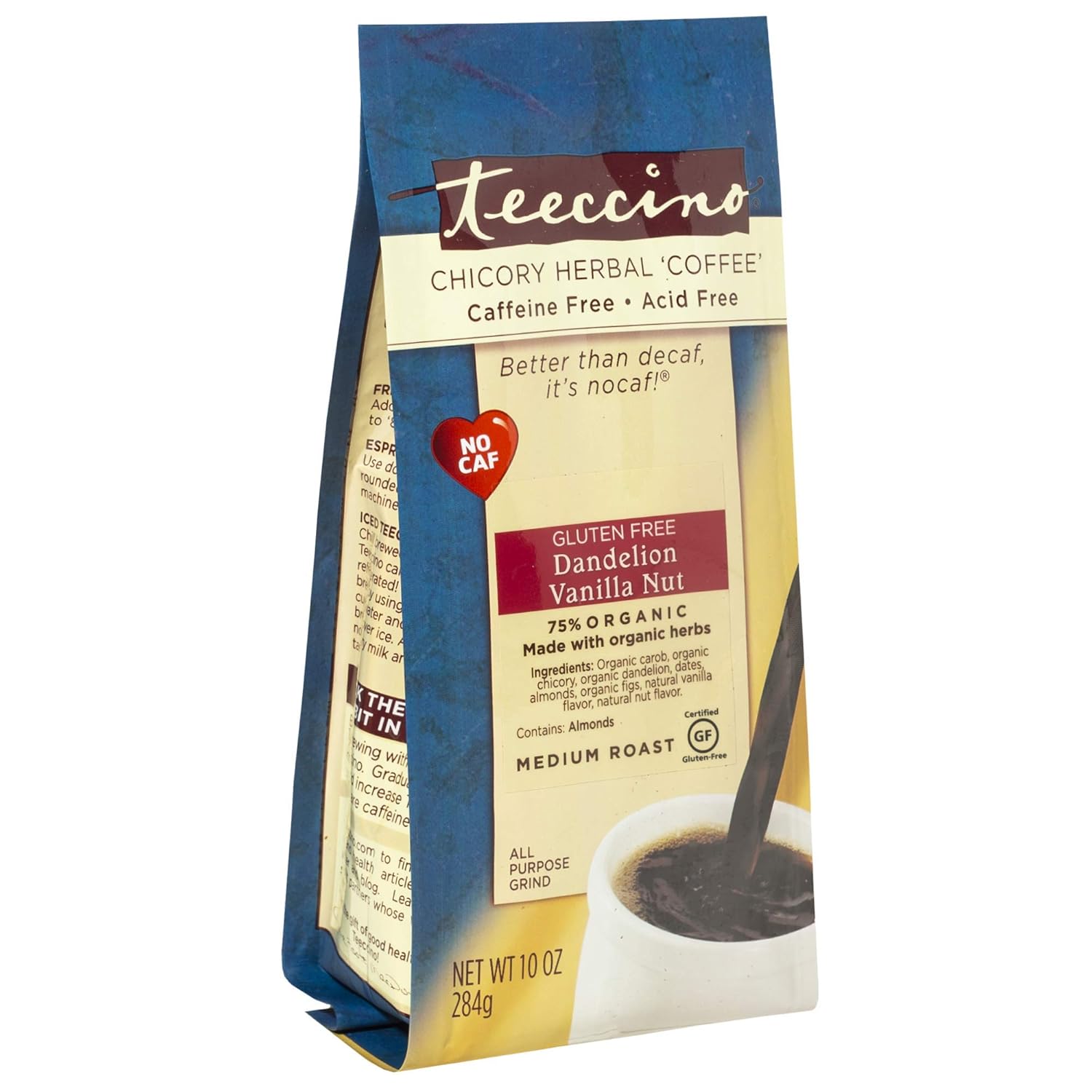Teeccino Dandelion Herbal Coffee Alternative - Vanilla Nut – Ground Coffee Substitute | Organic Roasted Dandelion Root | Prebiotic | Caffeine Free | Gluten Free | Acid Free | Medium Roast, 10 ounce