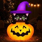 PARTY TELLER 5FT Halloween Inflatable Pumpkin Outdoor Decorations, Blow Up Pumpkins Black Cat with Built-in Bright LEDs, Yard Lawn Garden Party Decor