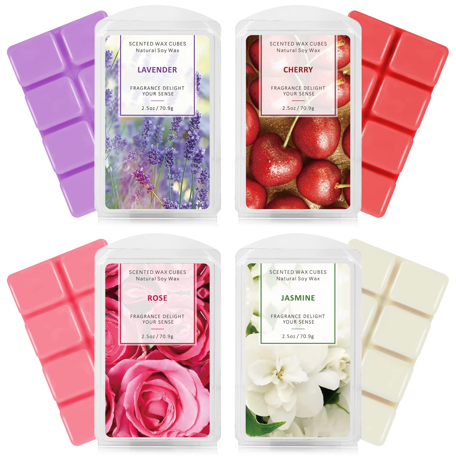 SCENTORINI Wax Melts for Wax Warmer, Scented Wax Cubes, Long Lasting Fragrance, Lavender, Cherry, Rose, Jasmine - 4 Pack