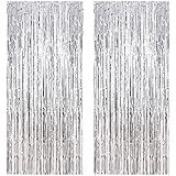 Muhome Silver Foil Fringe Curtain, 2PCS 3.28FT x 8.2FT Metallic Tinsel Door Curtains Photo Booth Backdrop for Wedding Birthda