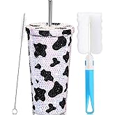 Yaomiao Cow Print Water Bottle Bling Rhinestone Tumbler Cup for Women 17oz Glitter Cow Water Bottle with Lids Straws Stainless Steel with Brush for Employee Coworker Birthday Gift(Black)