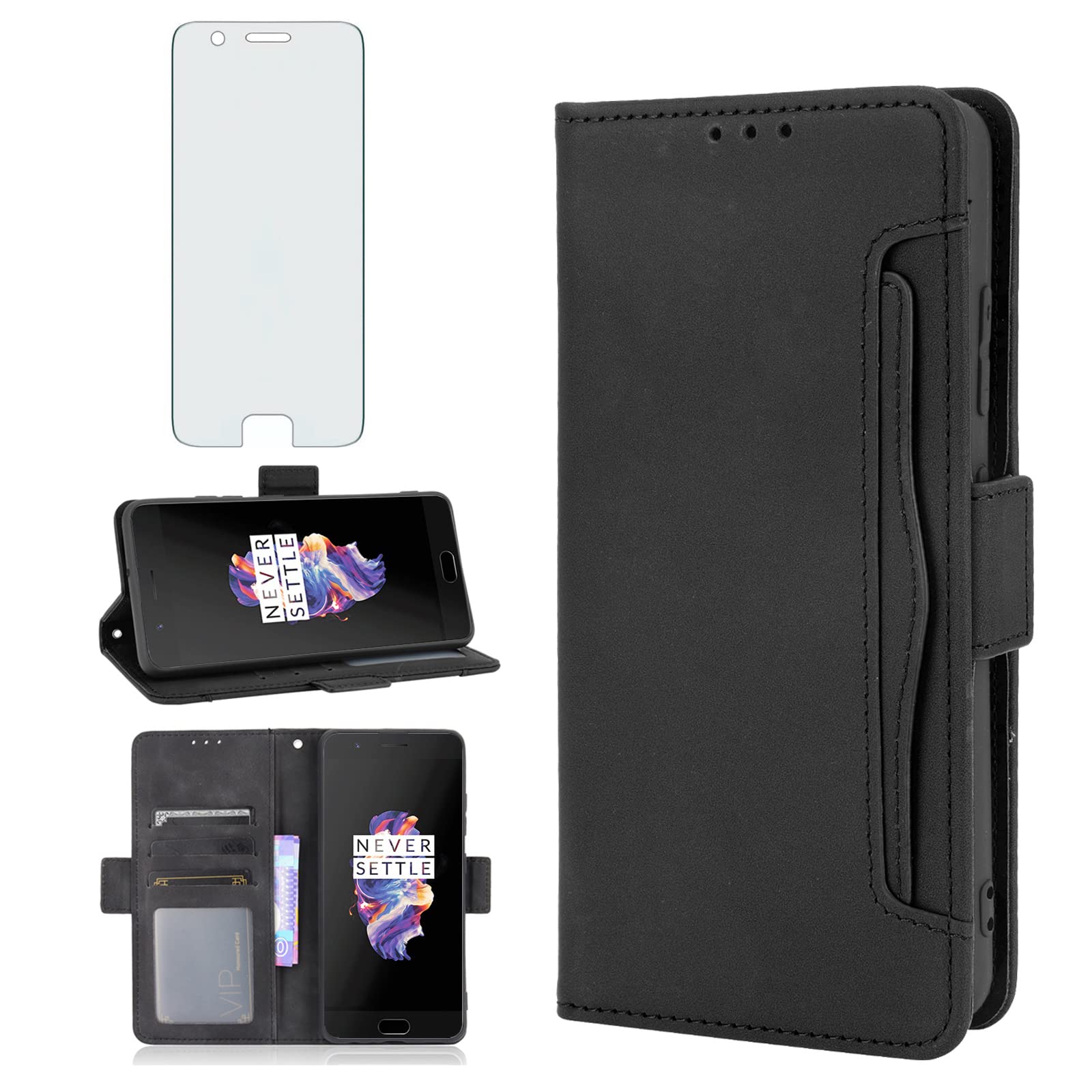 Asuwish Compatible with OnePlus 5 Wallet Case and Tempered Glass Screen Protector Card Holder Stand Leather Phone Cover for OnePlus5 A5000 One Plus5 1 Plus 1plus Five One+ + 1+5 1+ 5 Women Men Black