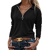 Halife Women's Collared Long Sleeve Shirts Business Casual Dressy Blouse Shirt Tunic Half Zip V Neck Work Tops Blouses