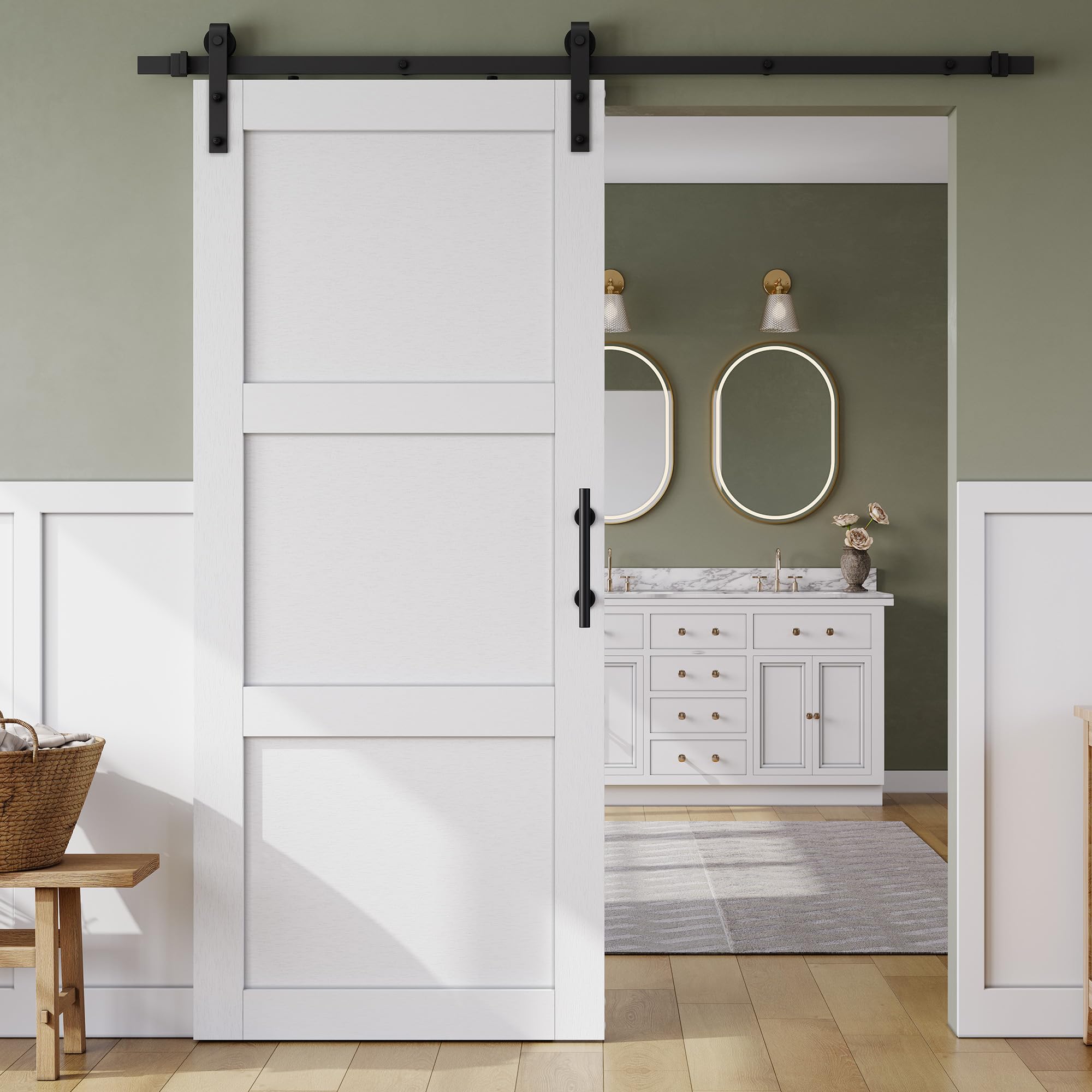 Photo 1 of *USED*
SmartStandard 36in x 84in Sliding Barn Door with 6.6FT Barn Door Hardware Track Kit & Handle, Waterproof PVC Surface, Pre-Drilled Holes Easy to Assemble, White, Solid, MDF, 3 Panel