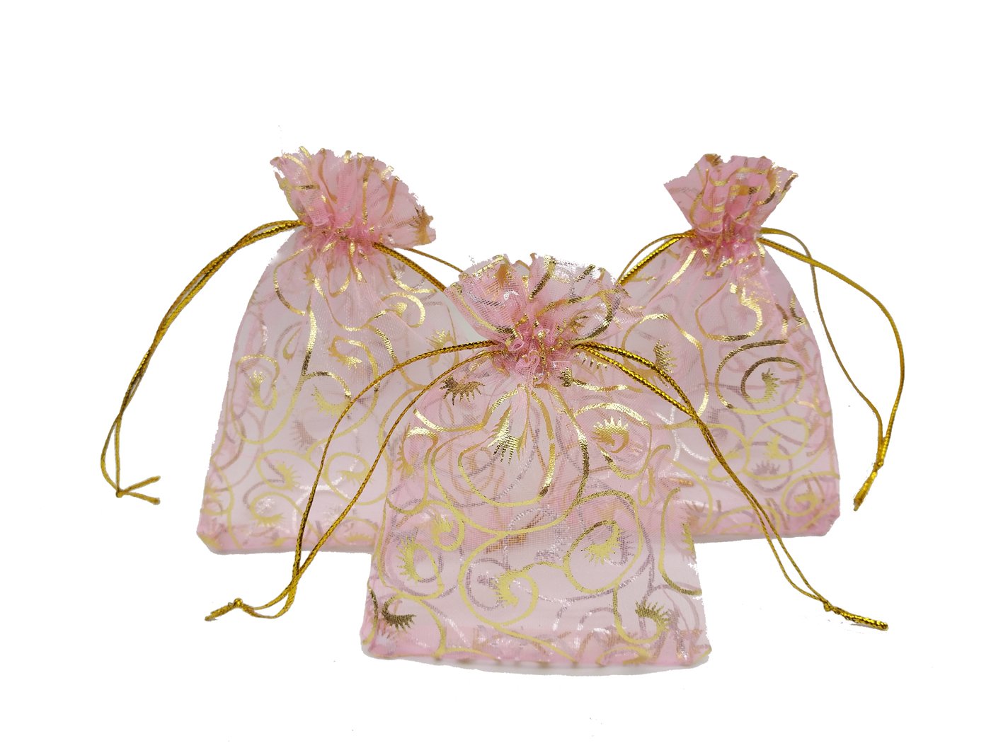 Ankirol 100pcs Eyelash Organza Wedding Favor Bags Luxury Jewelry Candy Gift Card Bags with Gold Line Drawstring Pouches (Pink, 4x6)