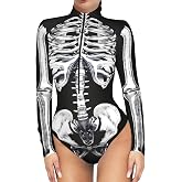 Roevite Women's Skeleton Jumpsuit Zip Up Halloween Bodysuit Sexy Halloween One Piece Outfit