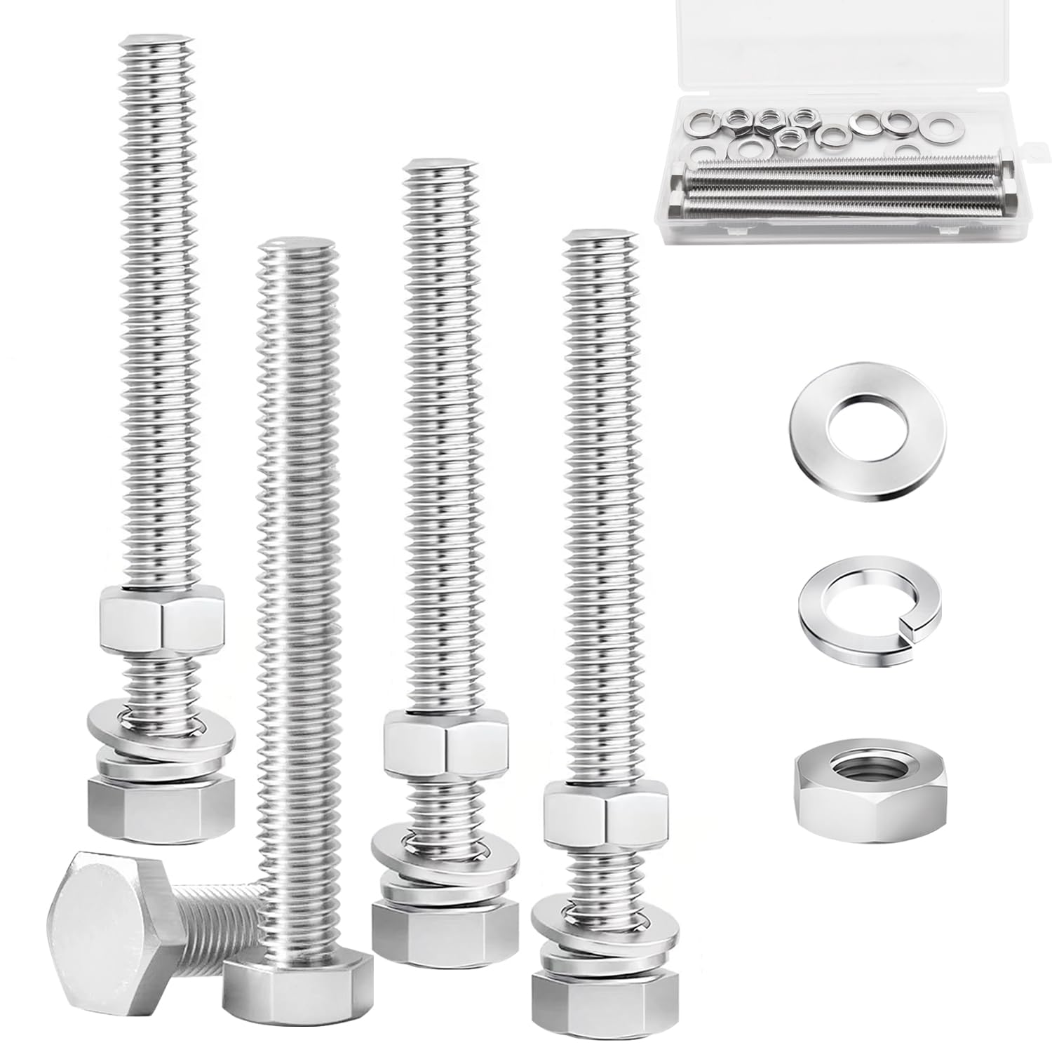 Photo 1 of Ruibapa 4 Sets 3/8-16 x 5" Stainless Steel Hex Head Screws Bolts, Nuts, Flat & Lock Washers,18-8(305) Full Thread