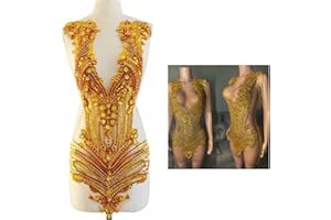 WTBV.N 100% Handmade Rhinestones Applique on White net sew on Beads Crystal Patches Accessory for Dress Clothes (Gold Stone Brown net)