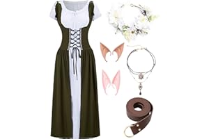 Vanderdyken 7 PCS Renaissance Dresses for Women Medieval Costume with Elf Ears, Necklace, Leather Belt, and Flower Crown