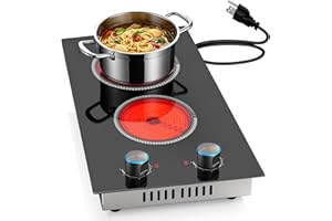 PLADECA 2 Burner Electric Cooktop 120V, 12 Inch Stove Top Burner 2000W, Double Burner Electric Stove with Knob Control, 9-Level Heat, Overheat Protection, High-Temp Alarm, 120V UL Plug