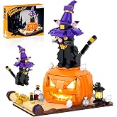 Halloween Pumpkin Witch Black Cat Building Set with Light for Kids | Cute Magic Cat with Pumpkin & Witch Hat Model Home Decor, Halloween Christmas Gift For Adults, Boys & Girls 6+, 577PCS