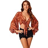 Women's Boho Tops Western Country Concert Outfits，Top 70s Hippie Tie Front Long Bell Sleeve Disco Clothes