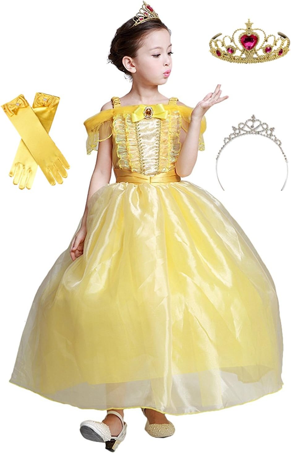 Amazon Eones ベル ドレス コスプレ 子供 ロング プリンセスドレス ふんわり しっかり3層構造 グローブ ティアラ2個セット 130 キッズコスチューム おもちゃ