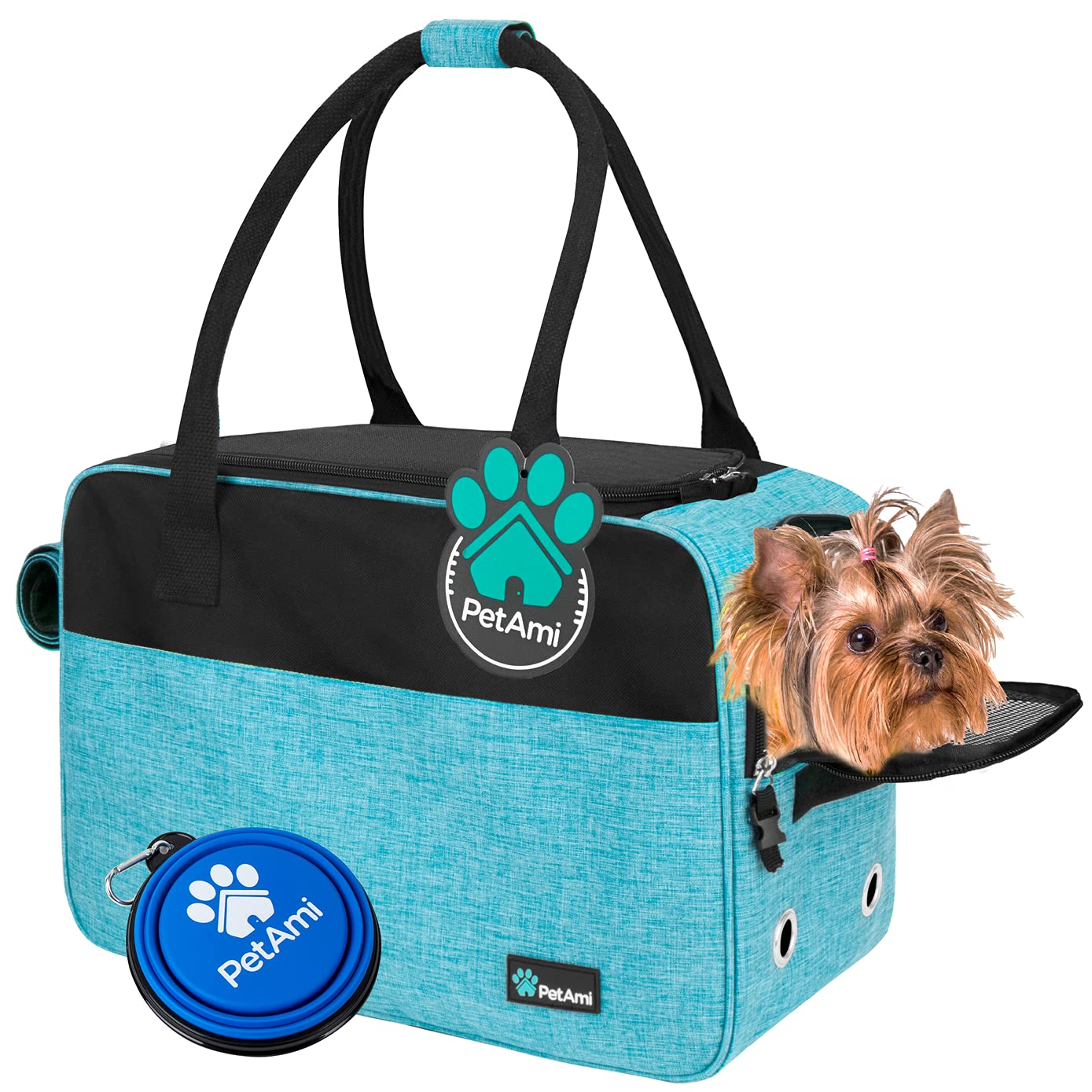 PetAmi Dog Purse Carrier for Small Dogs, Airline Approved Soft Sided Pet Carrier with Pockets, Ventilated Dog Carrying Bag for Puppy Cat, Dog Travel Supplies Bag, Sherpa Bed, Max 12 lbs, Teal Blue