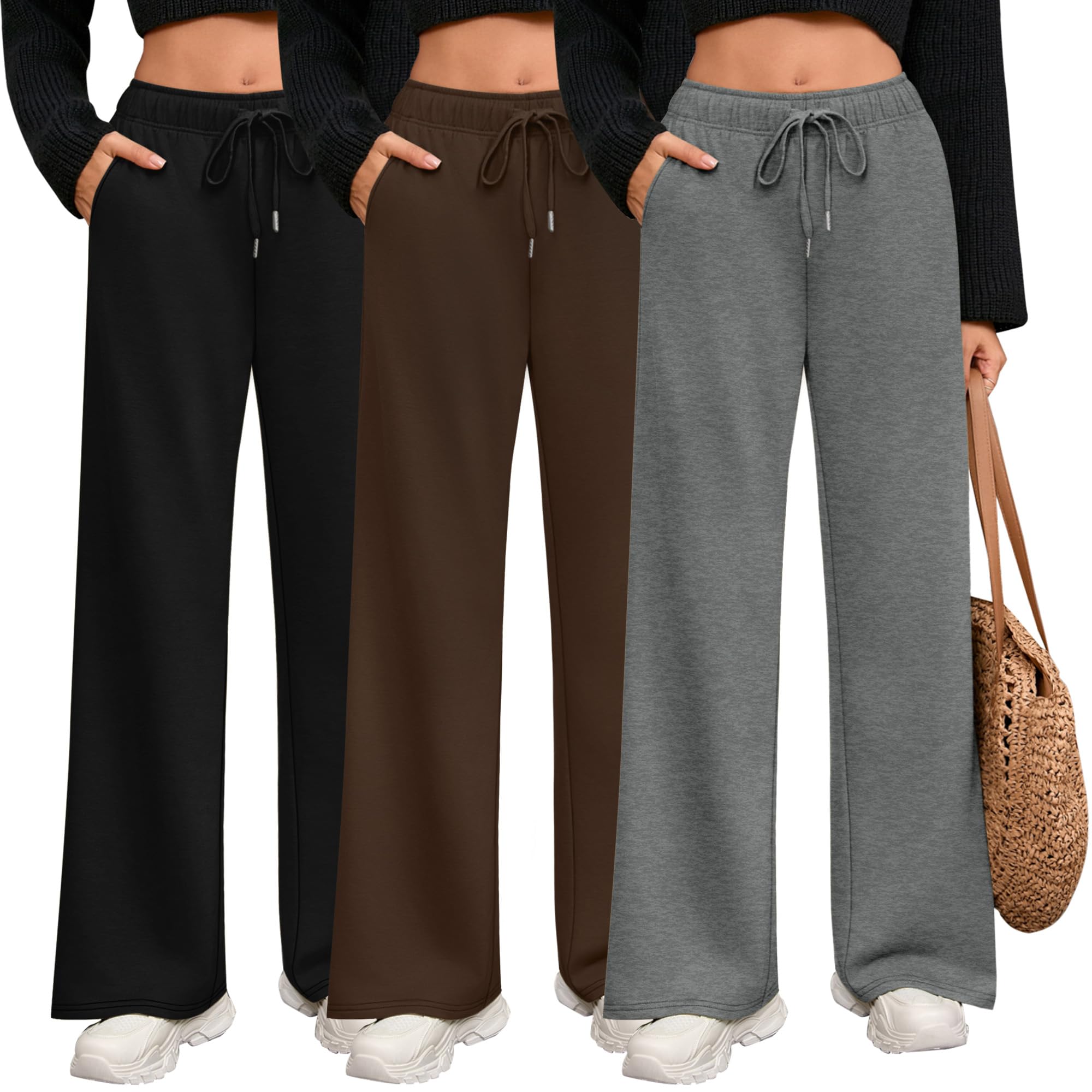 Photo 1 of ***1 missing*** Riyiper 3 Pack Women Wide Leg Sweatpants Drawstring Straight Pants Elastic Waist Joggers Open Bottom Sweatpants with Pockets(Dark Gray, Coffee, Black,M)