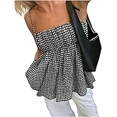 SOLY HUX Women's Summer Plaid Gingham Peplum Tops Babydoll Square Neck Flowy Cute Camisole Top